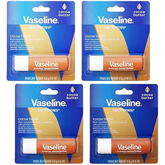 Vaseline LIP THERAPY CARE COCOA BUTTER, FAST-ACTING NOURISHMENT, IDEAL FOR CHAPPED, DRY, CRACKED, OR DAMAGED LIPS, LIP BALM, 4-PACK, 0.16 OZ EACH - Image 1